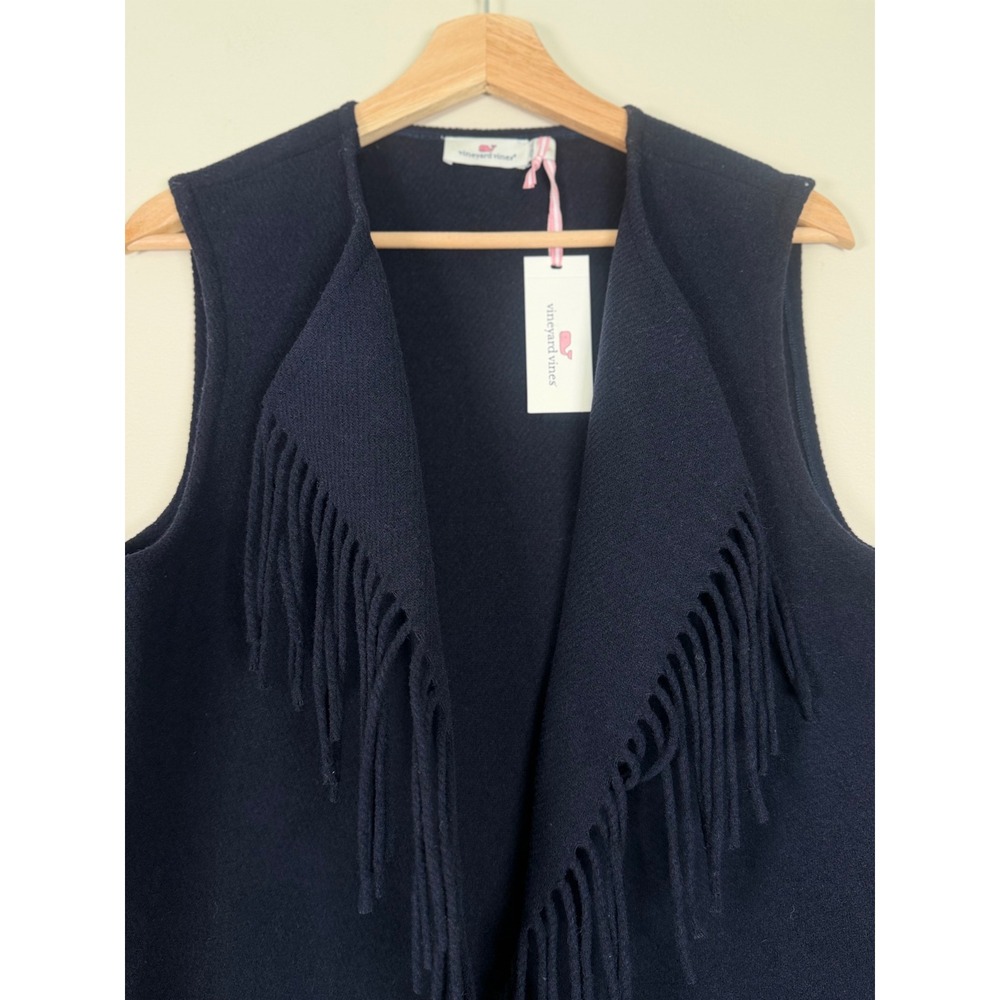 Vineyard Vines Navy Wool Blend Fringe Open Front Vest NWT Medium Coastal Cowgirl - Picture 3 of 10